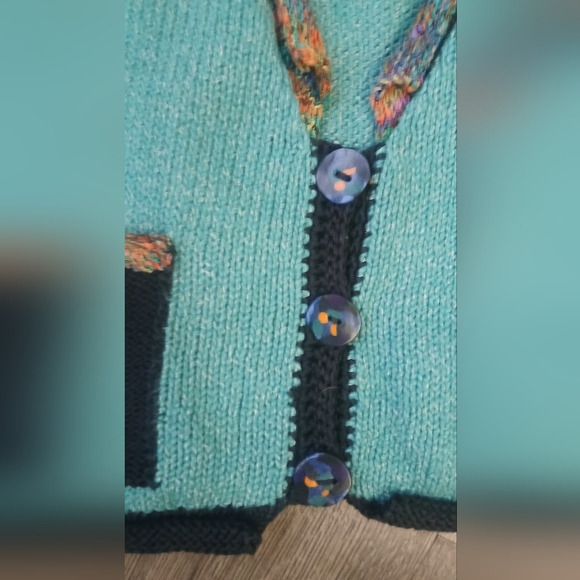 Vinatge Knit Art To Weatbutton Vest Teal Multicolor Trim Granny Size Medium - Picture 2 of 8